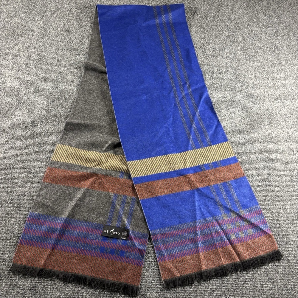 Bleu Nero Scarf Mens OS Blue Grey Reversible Viscose Striped Plaid Fringe Wrap